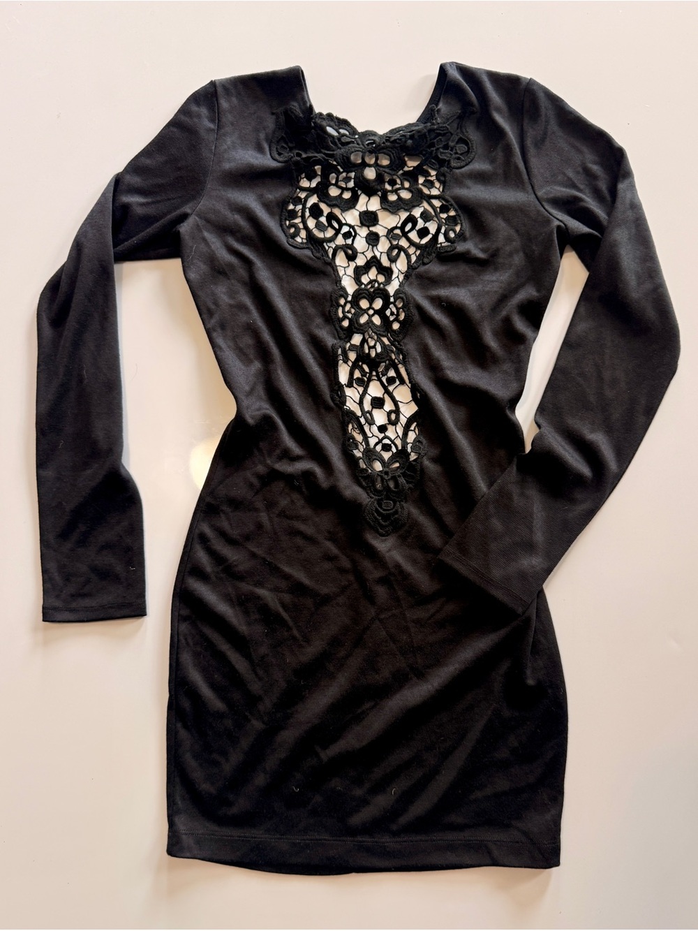 Women's Black Lace-Accent Long Sleeve Dress Open Back XS